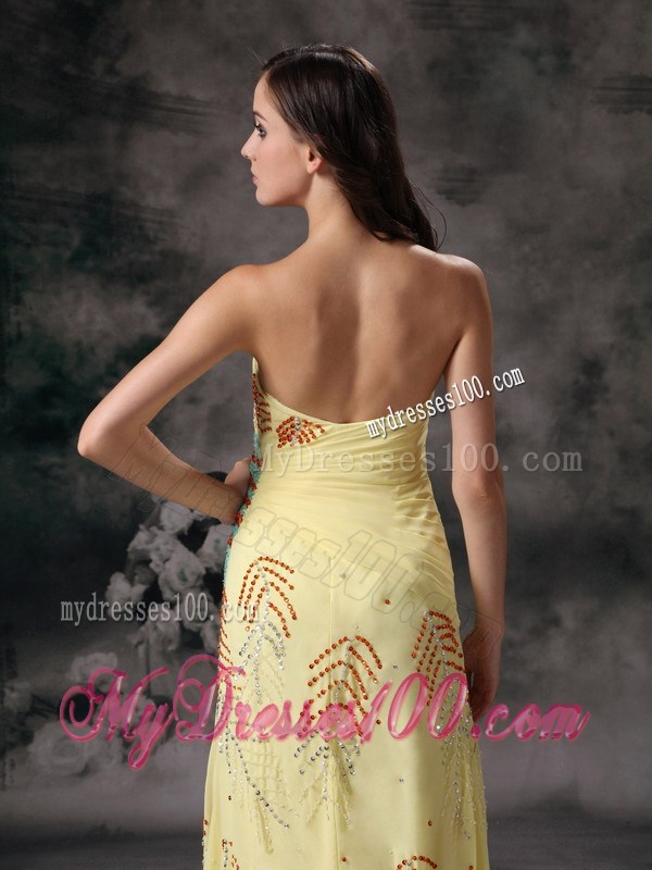 Sweetheart Ruched Sheath For Yellow Column Prom Gown Dress with High Slit