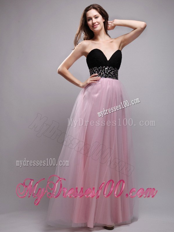 Floor-length Black and Baby Pink Sweetheart Prom Dress with Rhinestones