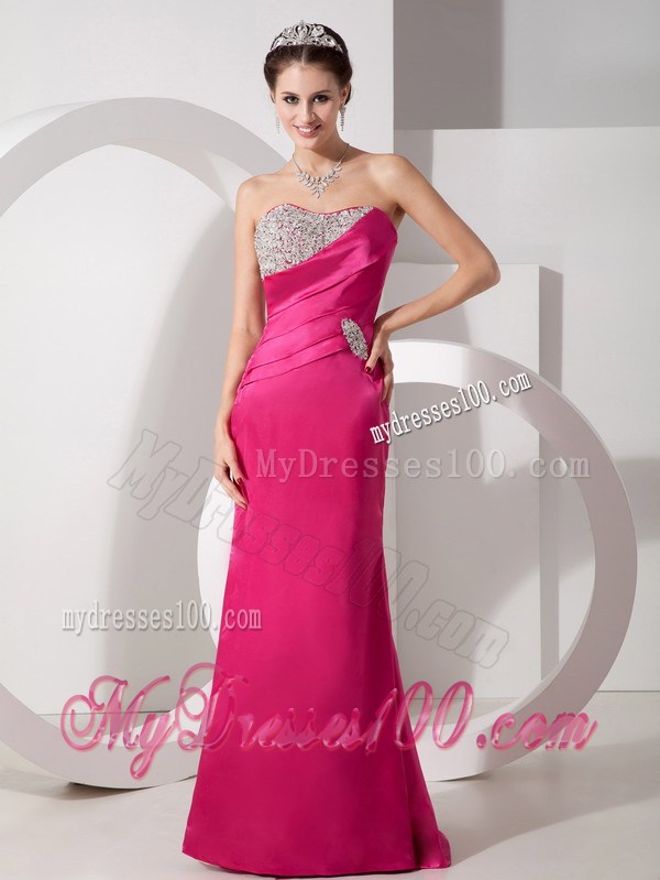 Column Sweetheart Beading Decorated Satin Prom Party Dress in Hot Pink