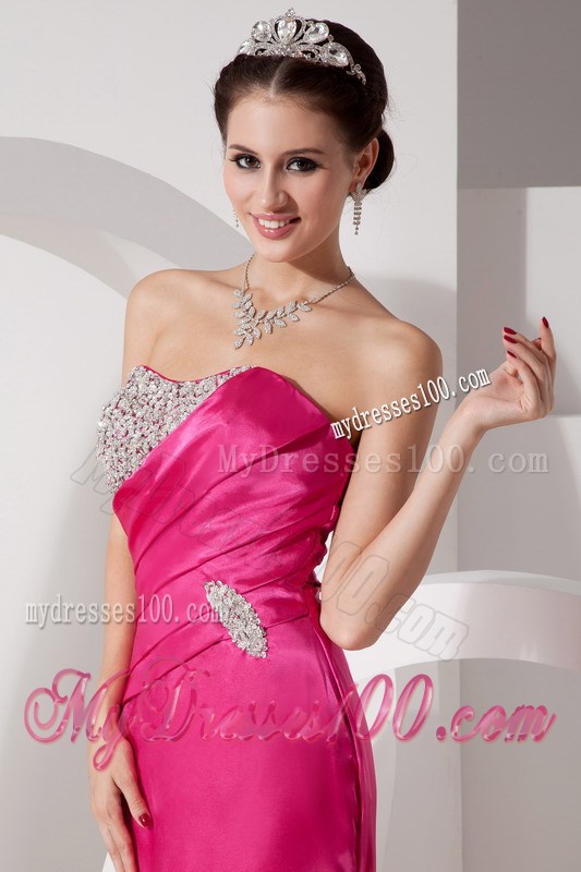 Column Sweetheart Beading Decorated Satin Prom Party Dress in Hot Pink