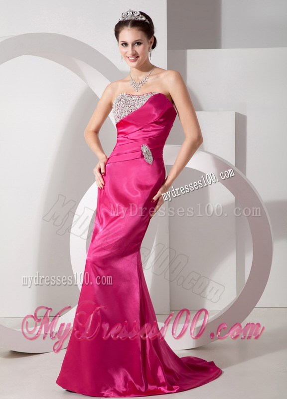 Column Sweetheart Beading Decorated Satin Prom Party Dress in Hot Pink