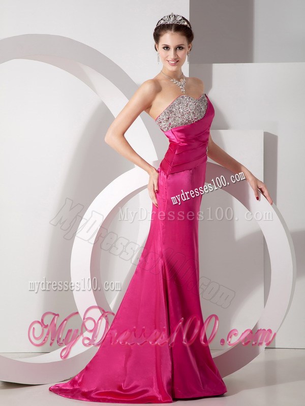 Column Sweetheart Beading Decorated Satin Prom Party Dress in Hot Pink