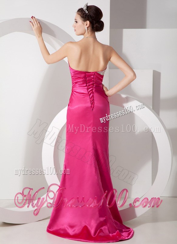 Column Sweetheart Beading Decorated Satin Prom Party Dress in Hot Pink