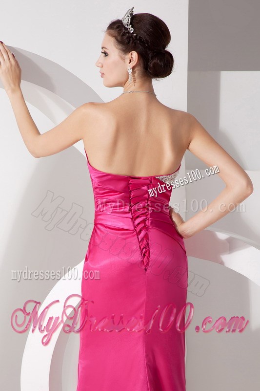 Column Sweetheart Beading Decorated Satin Prom Party Dress in Hot Pink