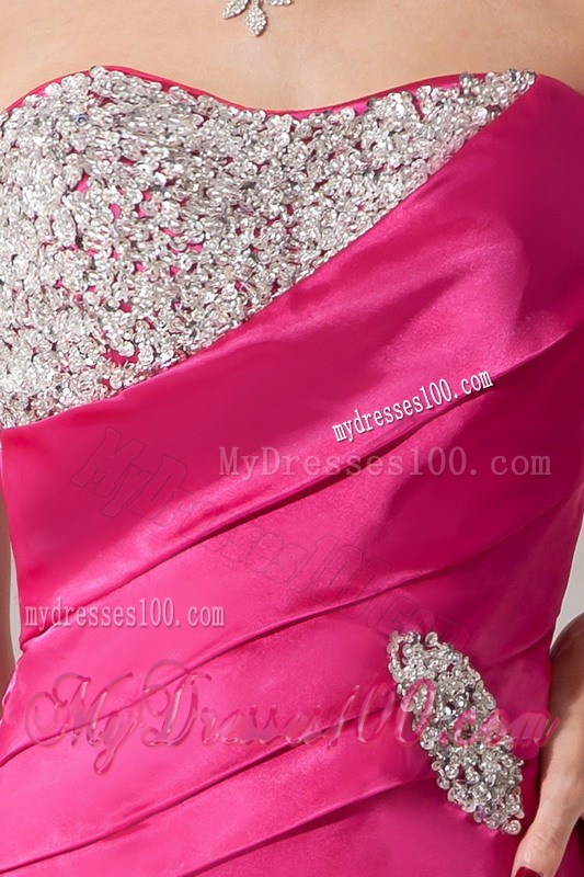 Column Sweetheart Beading Decorated Satin Prom Party Dress in Hot Pink