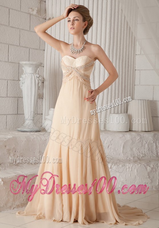 Champagne A-line Pleated Chiffon Prom Dress with Beading and Brush Train