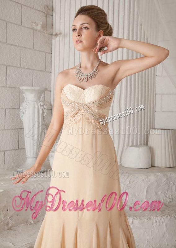 Champagne A-line Pleated Chiffon Prom Dress with Beading and Brush Train