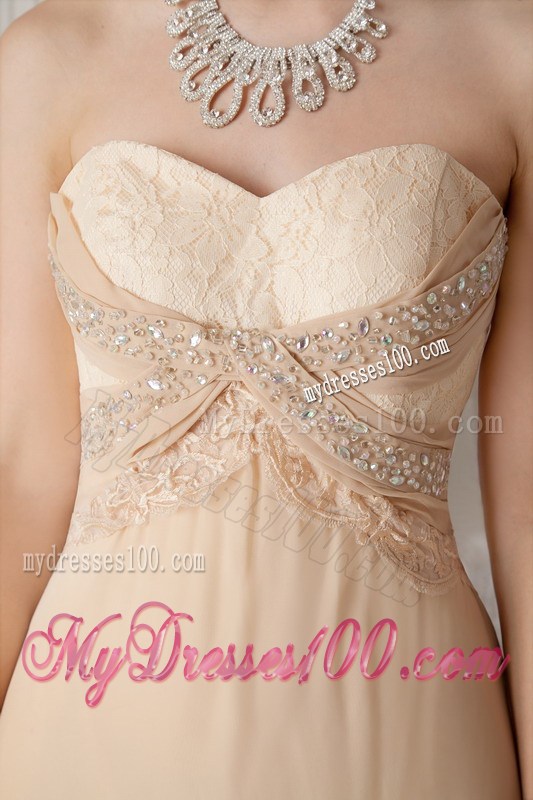 Champagne A-line Pleated Chiffon Prom Dress with Beading and Brush Train