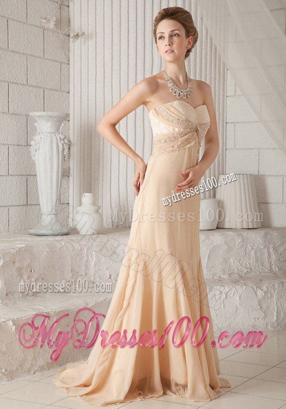 Champagne A-line Pleated Chiffon Prom Dress with Beading and Brush Train