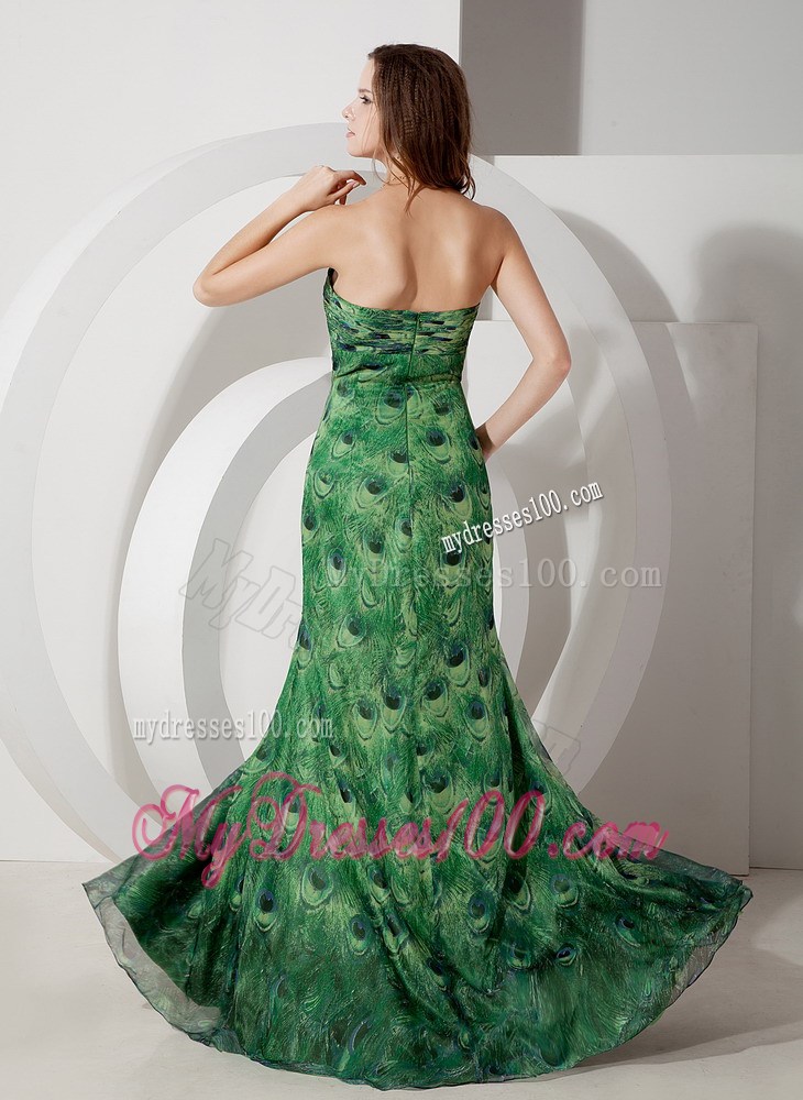 High Slit and Ruches Decorate Green Chiffon Prom Dress with Peacock Print