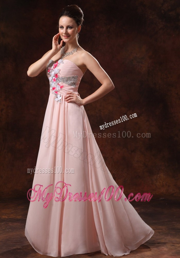 Flowers and Beading Decorate On Baby Pink Chiffon Prom Dress of Floor-length