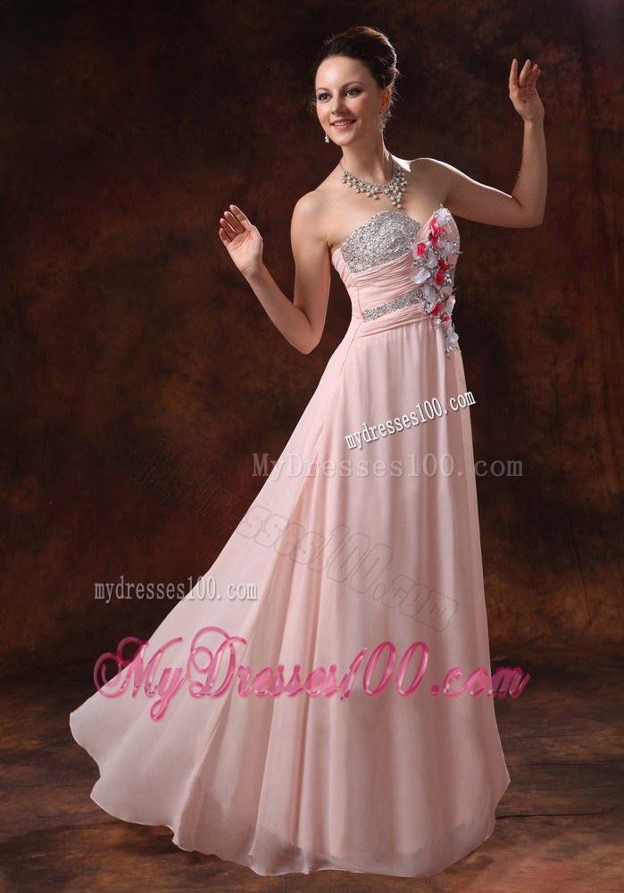 Flowers and Beading Decorate On Baby Pink Chiffon Prom Dress of Floor-length