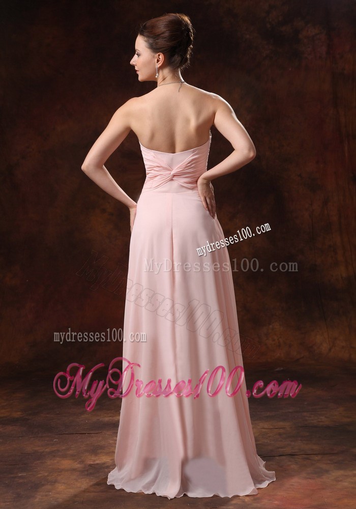 Flowers and Beading Decorate On Baby Pink Chiffon Prom Dress of Floor-length