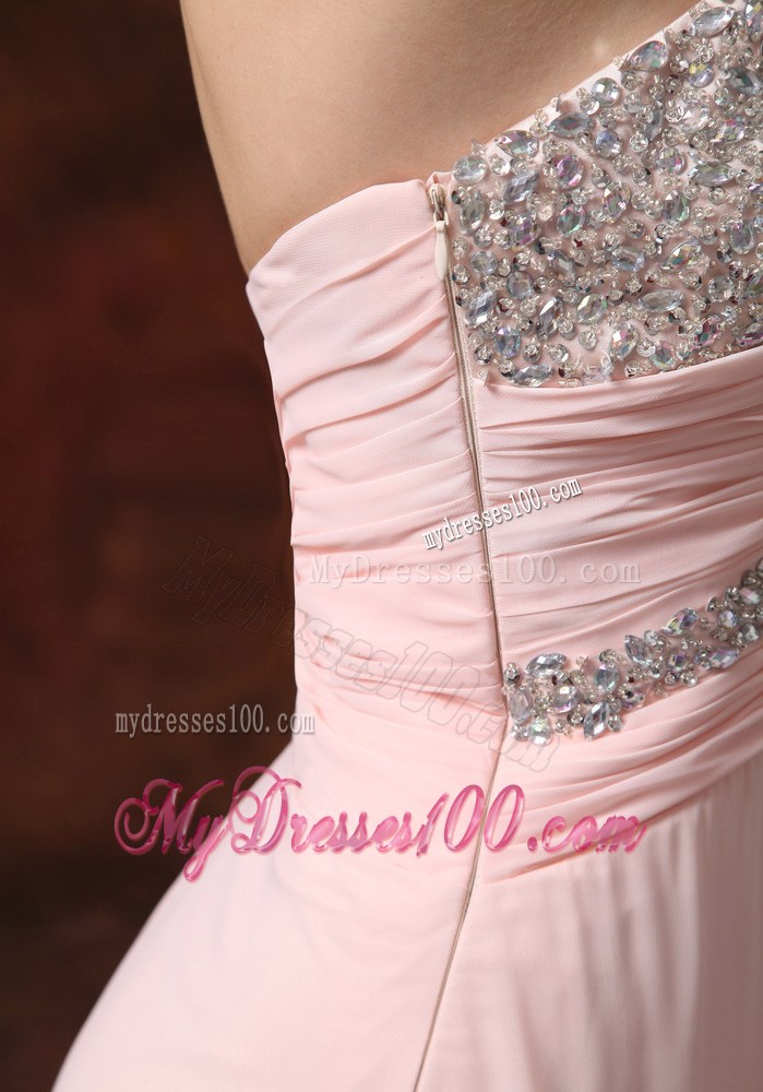 Flowers and Beading Decorate On Baby Pink Chiffon Prom Dress of Floor-length