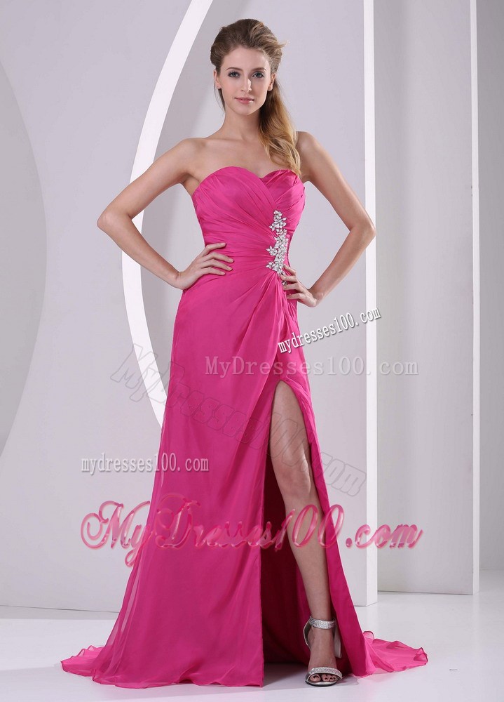 Appliques Accent Hot Pink Prom Dress with High Slit and Brush Train