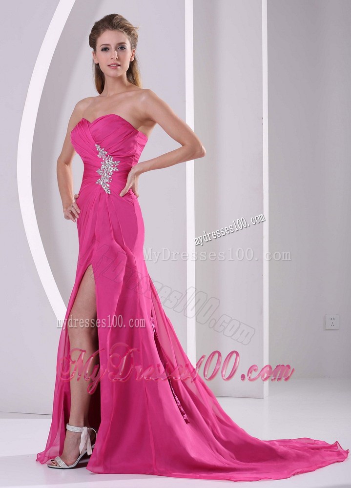 Appliques Accent Hot Pink Prom Dress with High Slit and Brush Train