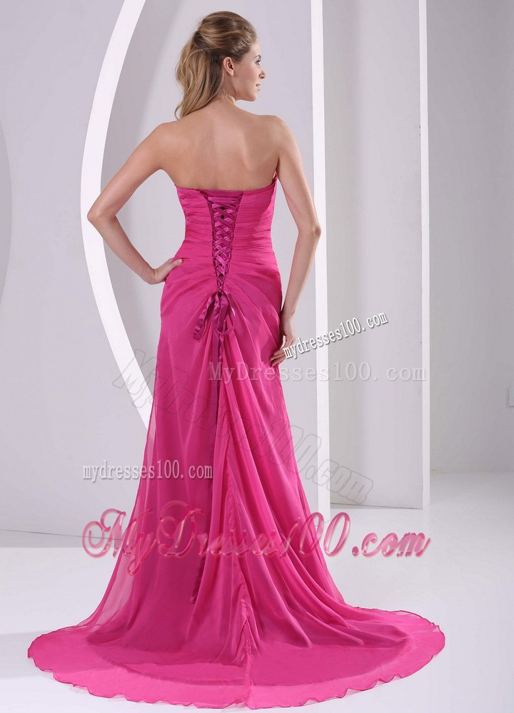 Appliques Accent Hot Pink Prom Dress with High Slit and Brush Train