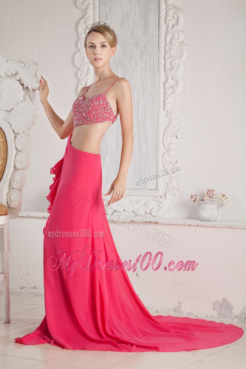 Straps Hot Pink Beaded Court Train Prom Dress Cutouts and Back Out