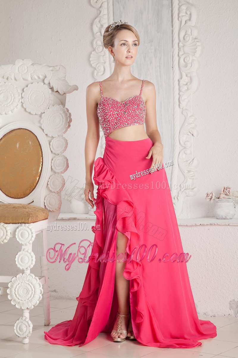 Straps Hot Pink Beaded Court Train Prom Dress Cutouts and Back Out