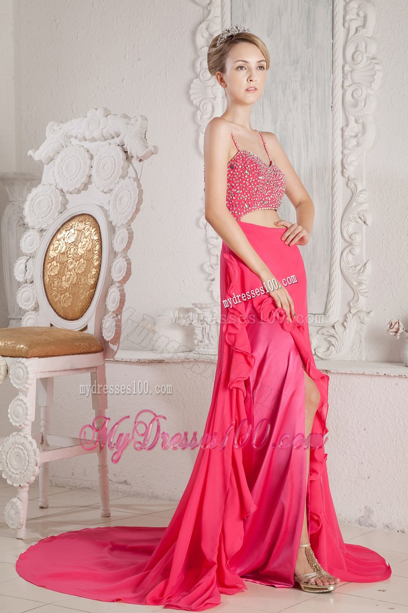 Straps Hot Pink Beaded Court Train Prom Dress Cutouts and Back Out