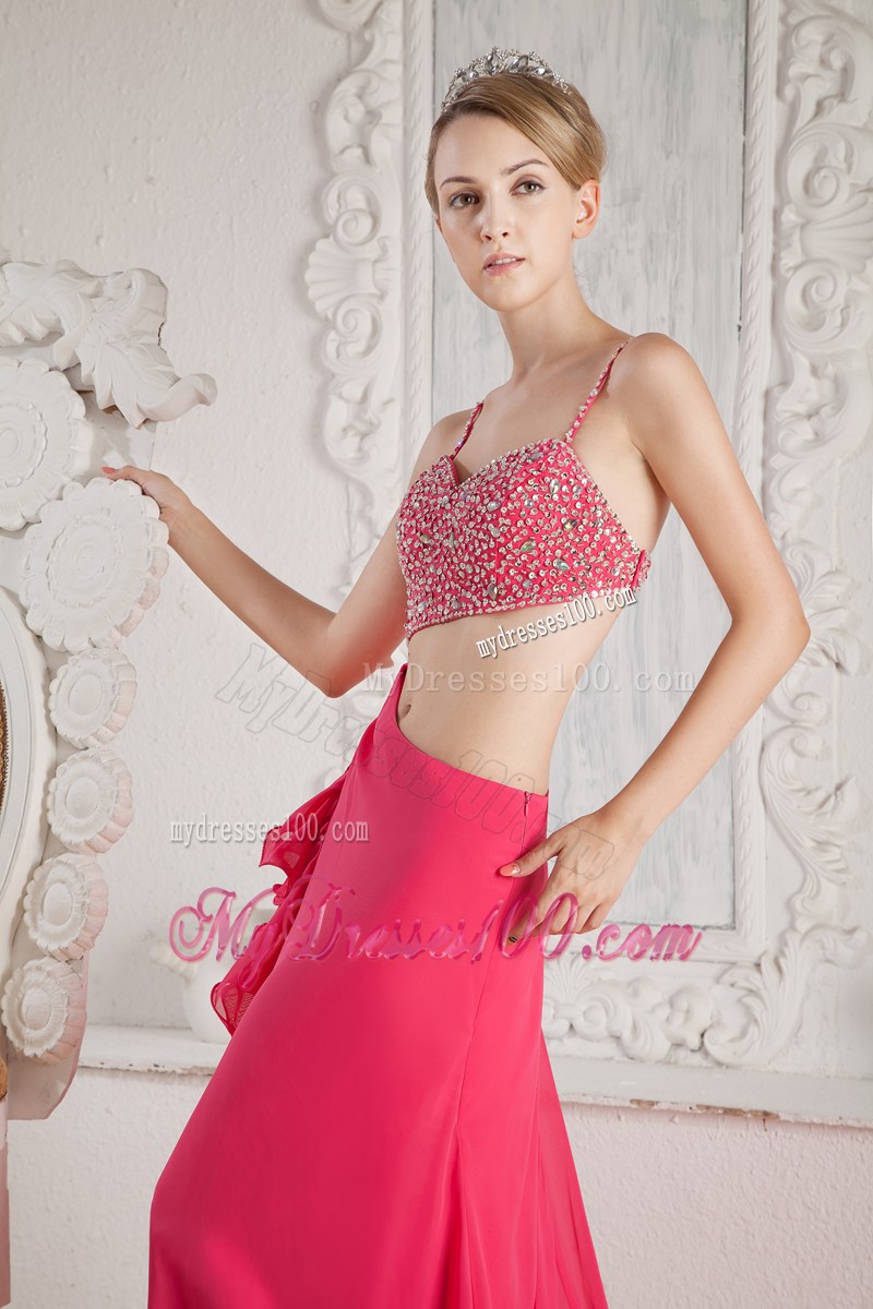 Straps Hot Pink Beaded Court Train Prom Dress Cutouts and Back Out