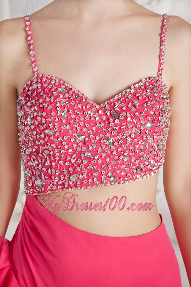 Straps Hot Pink Beaded Court Train Prom Dress Cutouts and Back Out