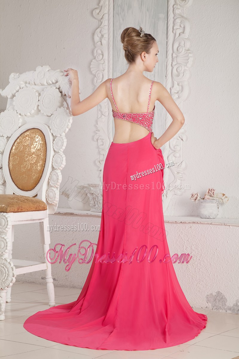 Straps Hot Pink Beaded Court Train Prom Dress Cutouts and Back Out