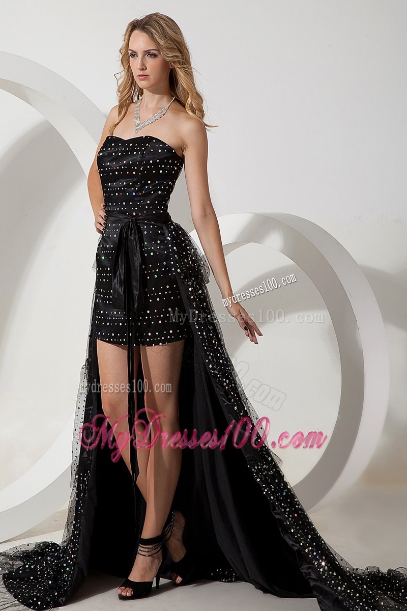 Strapless Front Short Back Long Black Prom Gown with Sequins and Brush Train