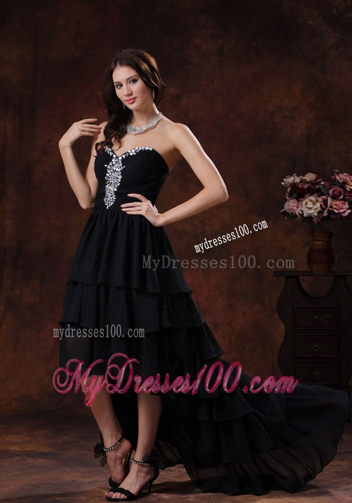 Sweetheart Black High-Low Court Train Prom Party Dresses with Beading