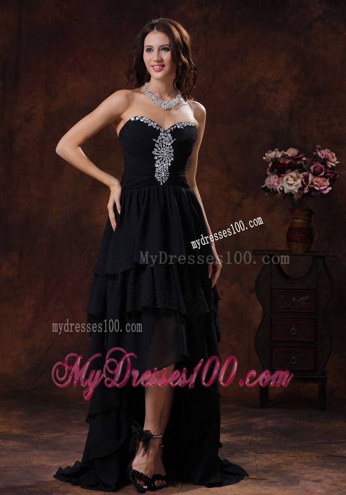 Sweetheart Black High-Low Court Train Prom Party Dresses with Beading