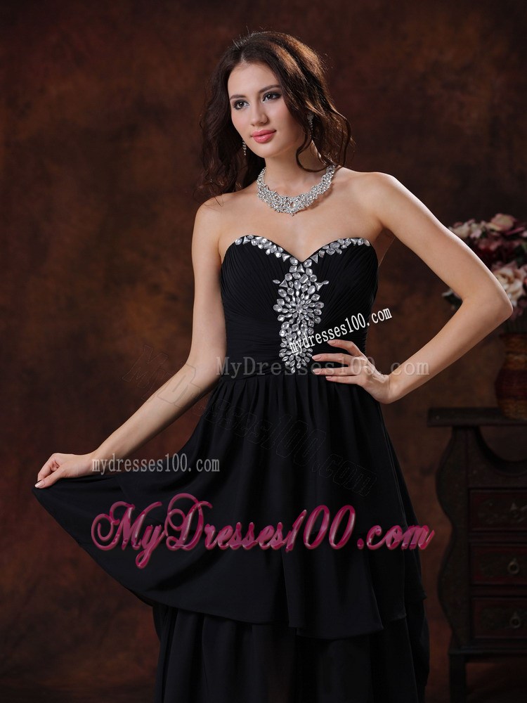 Sweetheart Black High-Low Court Train Prom Party Dresses with Beading