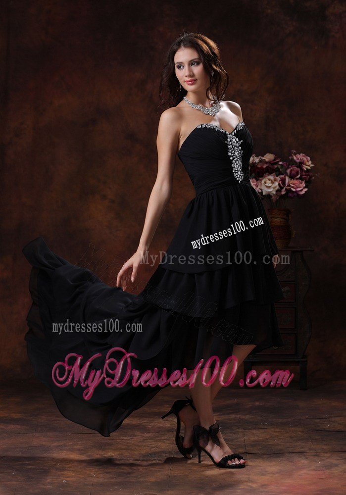 Sweetheart Black High-Low Court Train Prom Party Dresses with Beading