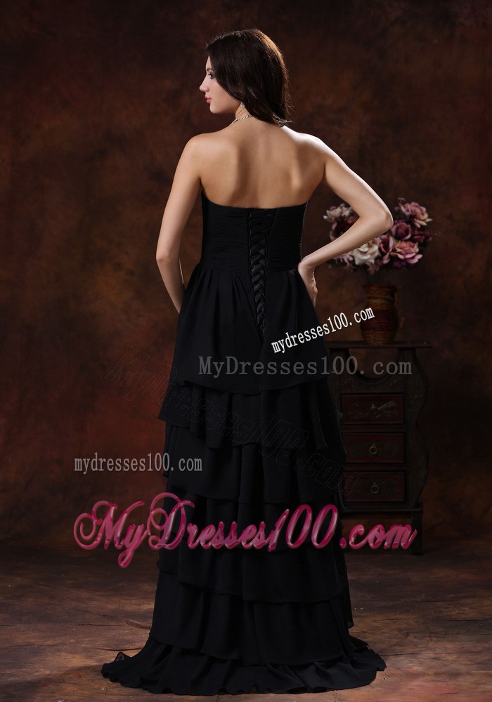 Sweetheart Black High-Low Court Train Prom Party Dresses with Beading