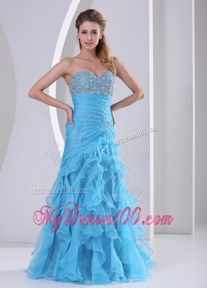 Baby Blue Column Floor-length Ruched Prom Gown with Beading and Ruffles