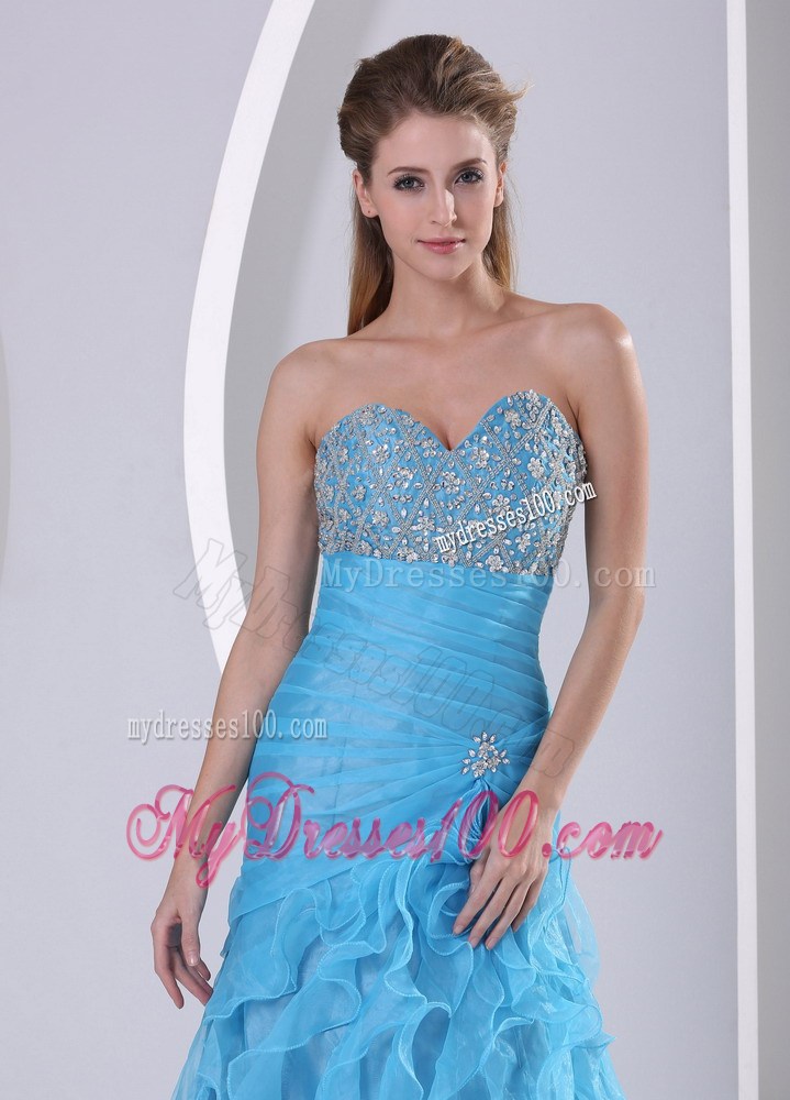 Baby Blue Column Floor-length Ruched Prom Gown with Beading and Ruffles