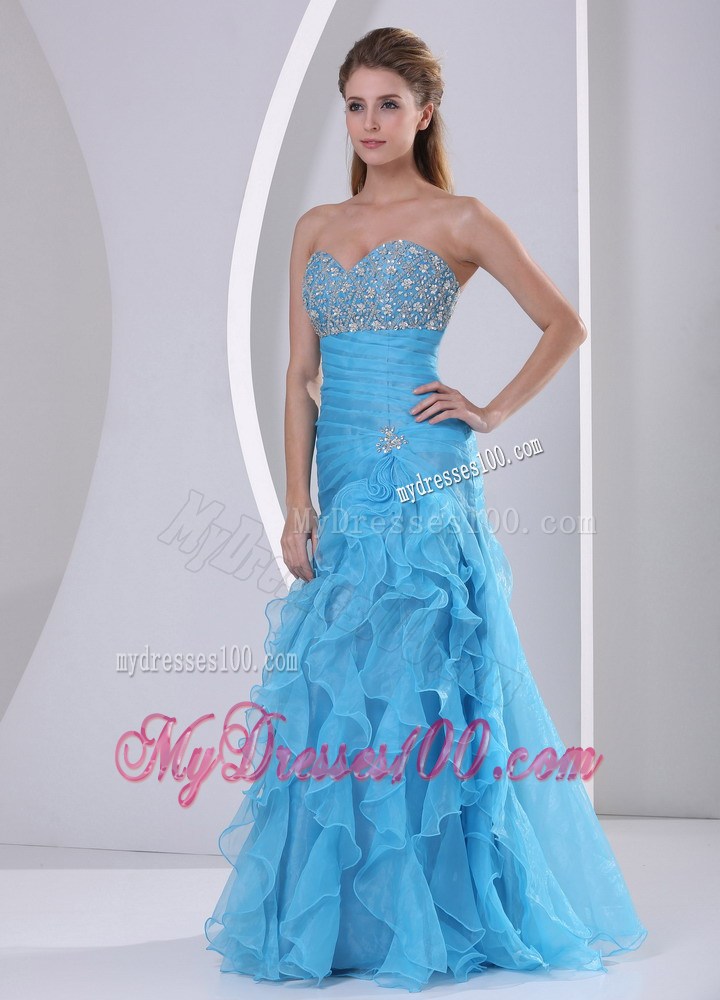 Baby Blue Column Floor-length Ruched Prom Gown with Beading and Ruffles