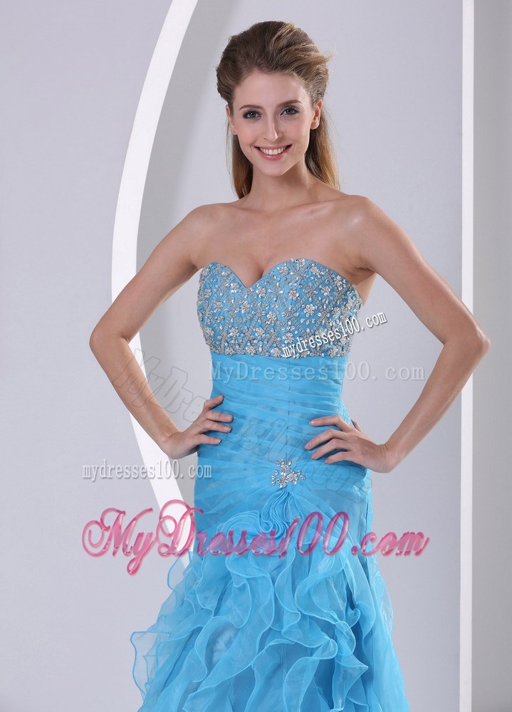 Baby Blue Column Floor-length Ruched Prom Gown with Beading and Ruffles