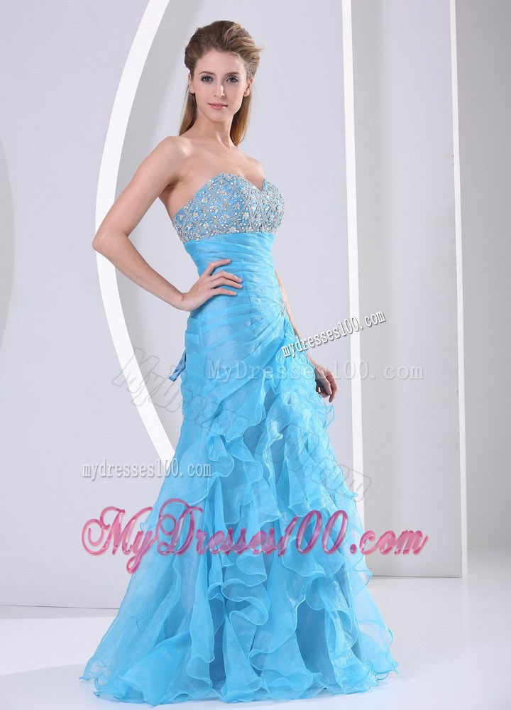 Baby Blue Column Floor-length Ruched Prom Gown with Beading and Ruffles