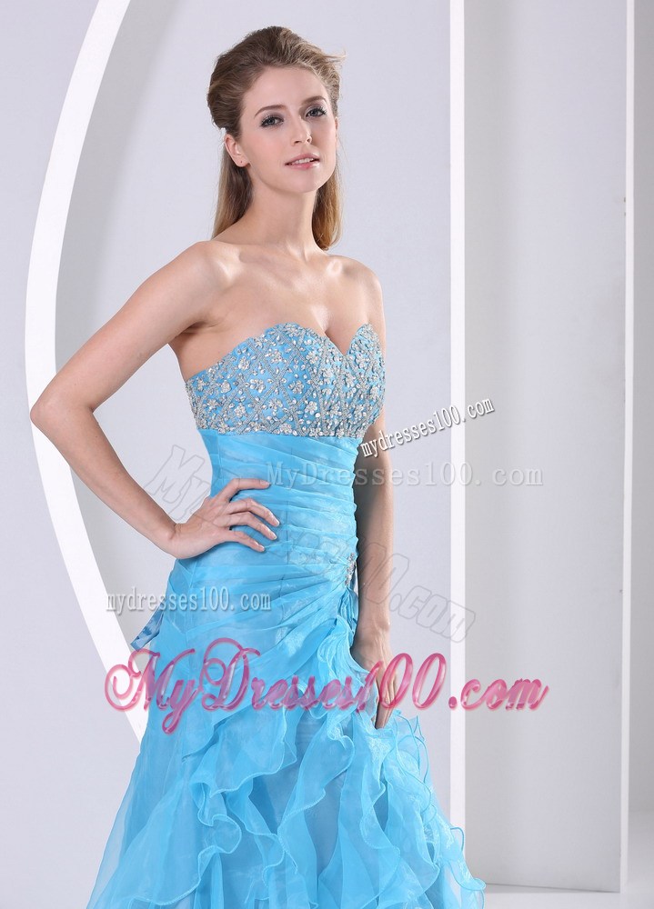 Baby Blue Column Floor-length Ruched Prom Gown with Beading and Ruffles