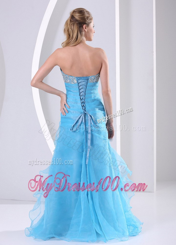 Baby Blue Column Floor-length Ruched Prom Gown with Beading and Ruffles