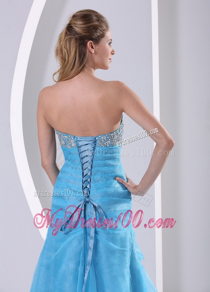 Baby Blue Column Floor-length Ruched Prom Gown with Beading and Ruffles