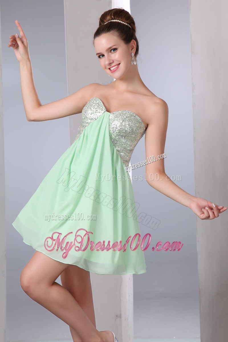 Mini-length Apple Green Sweetheart Decorated Prom Dress with Sequins