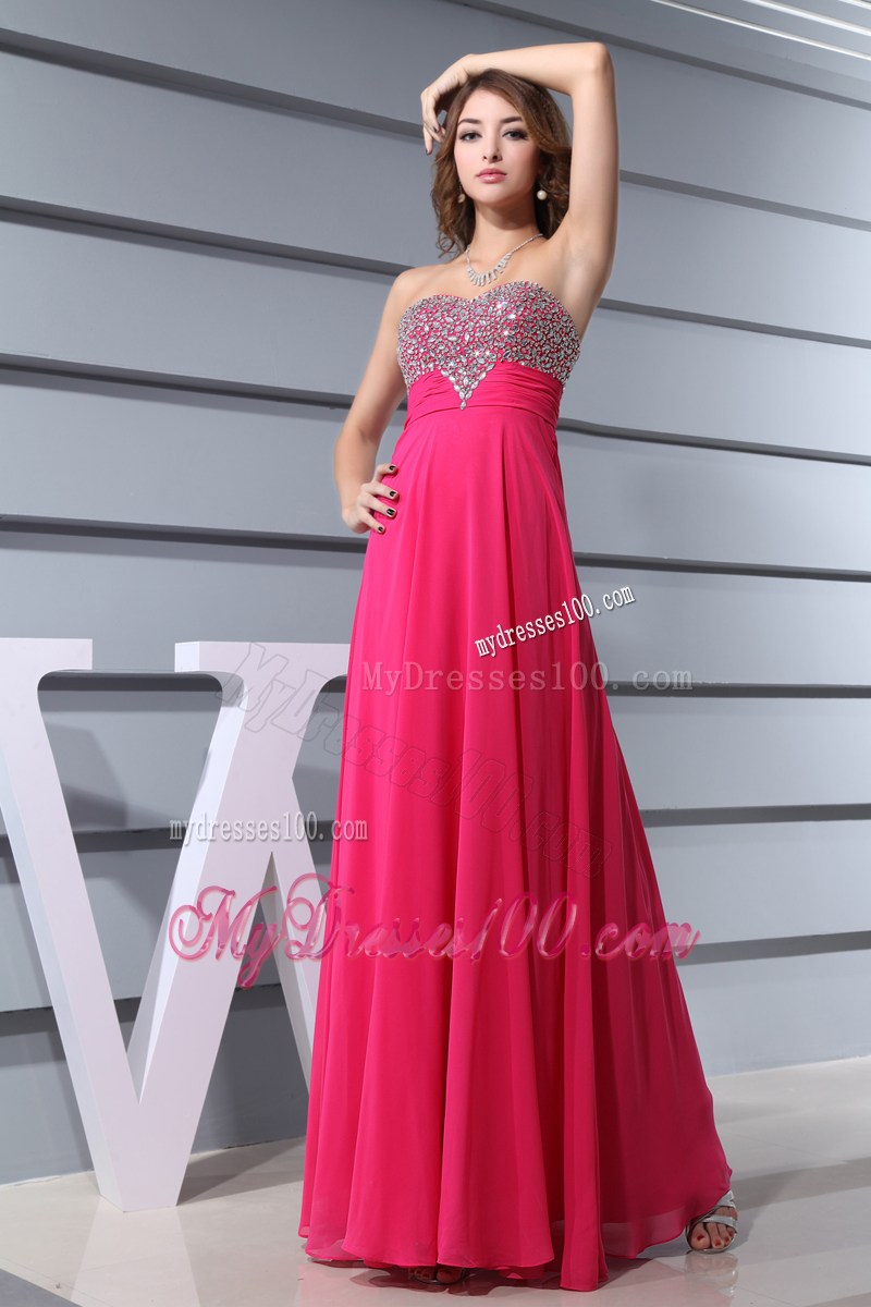 Beading Decorate Floor-length Chiffon Prom Dress in Hot Pink