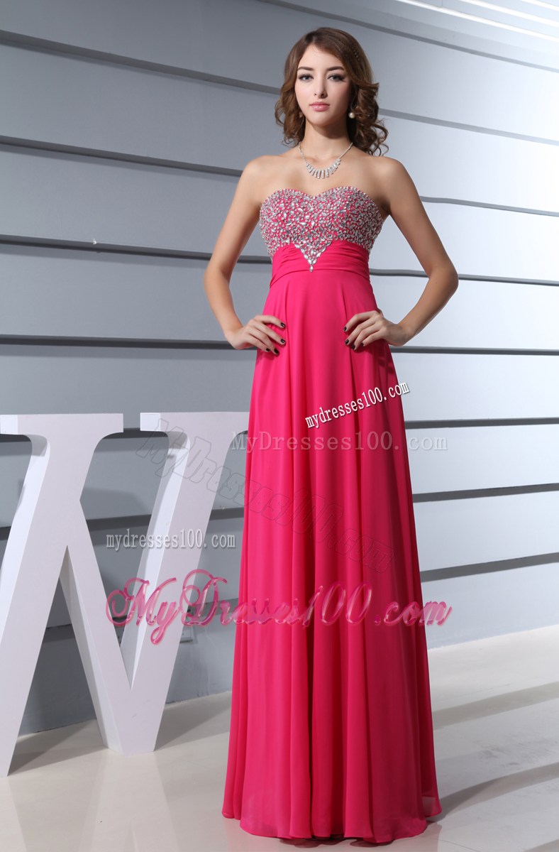 Beading Decorate Floor-length Chiffon Prom Dress in Hot Pink
