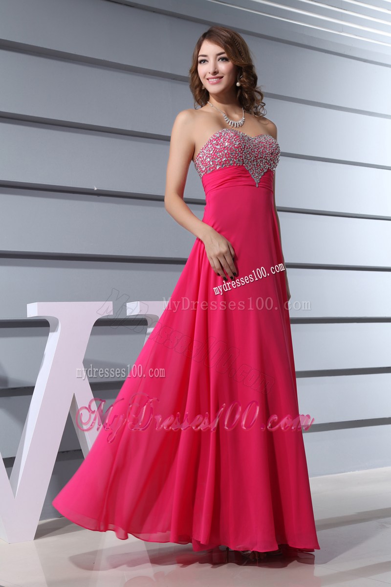 Beading Decorate Floor-length Chiffon Prom Dress in Hot Pink