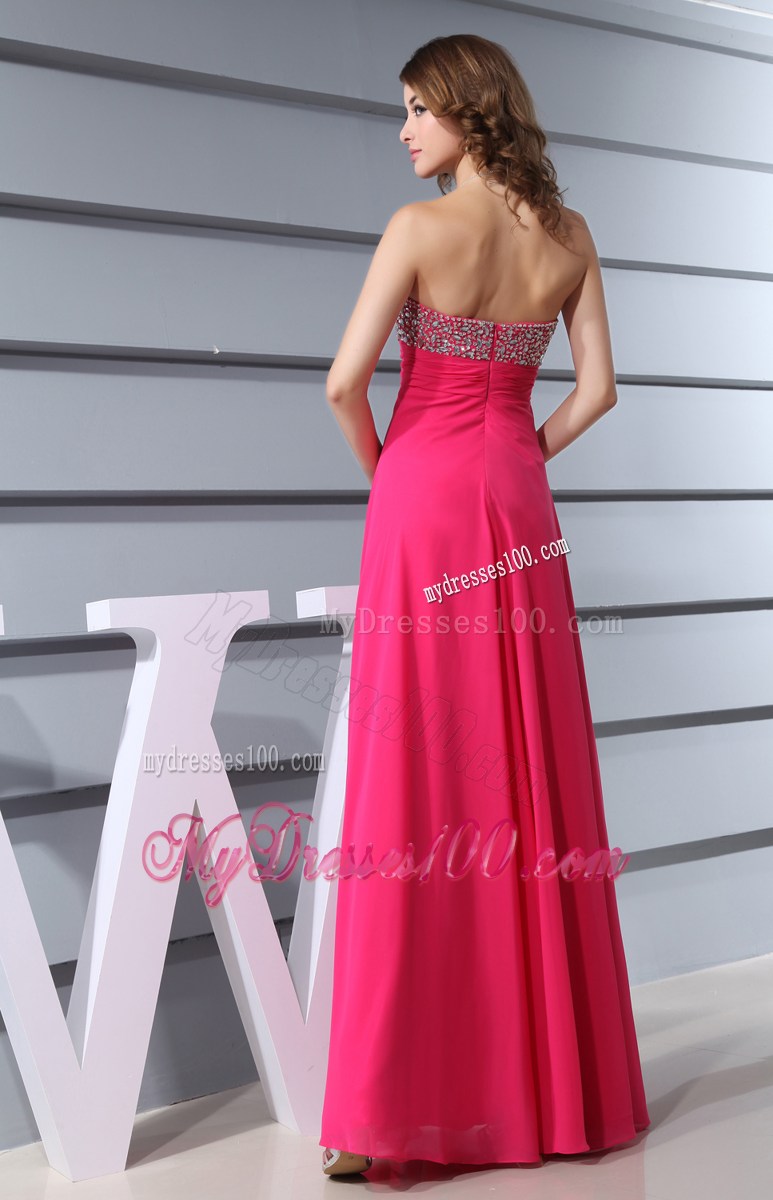 Beading Decorate Floor-length Chiffon Prom Dress in Hot Pink