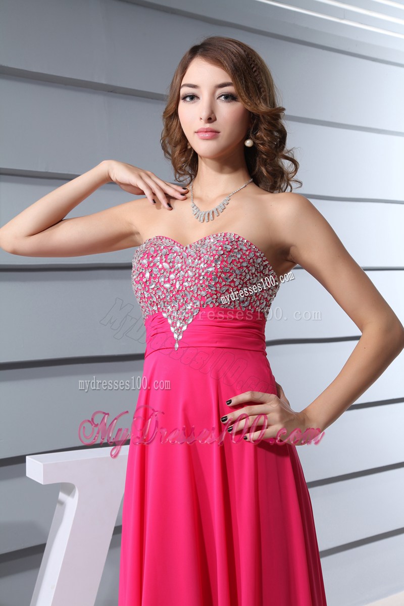 Beading Decorate Floor-length Chiffon Prom Dress in Hot Pink