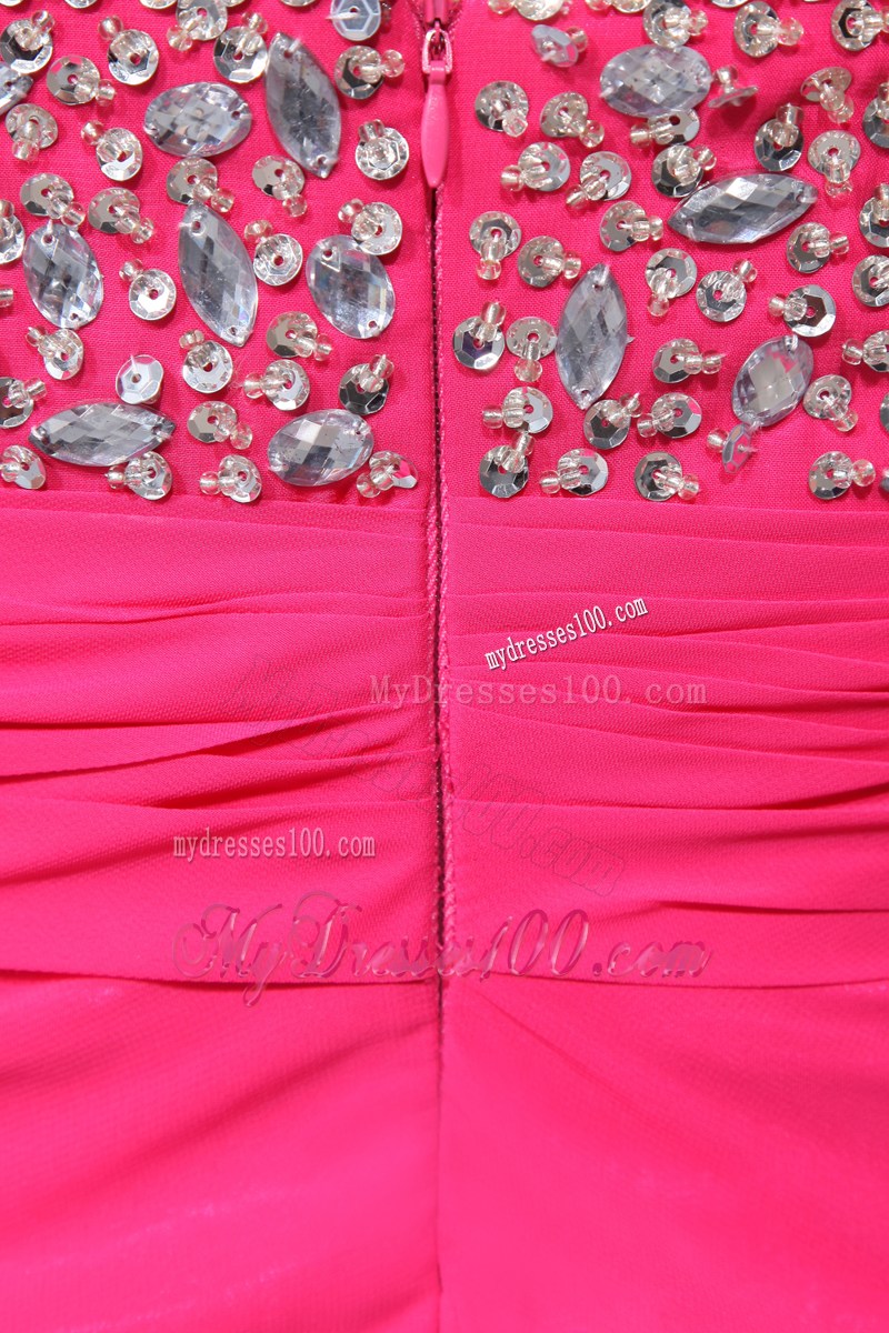 Beading Decorate Floor-length Chiffon Prom Dress in Hot Pink