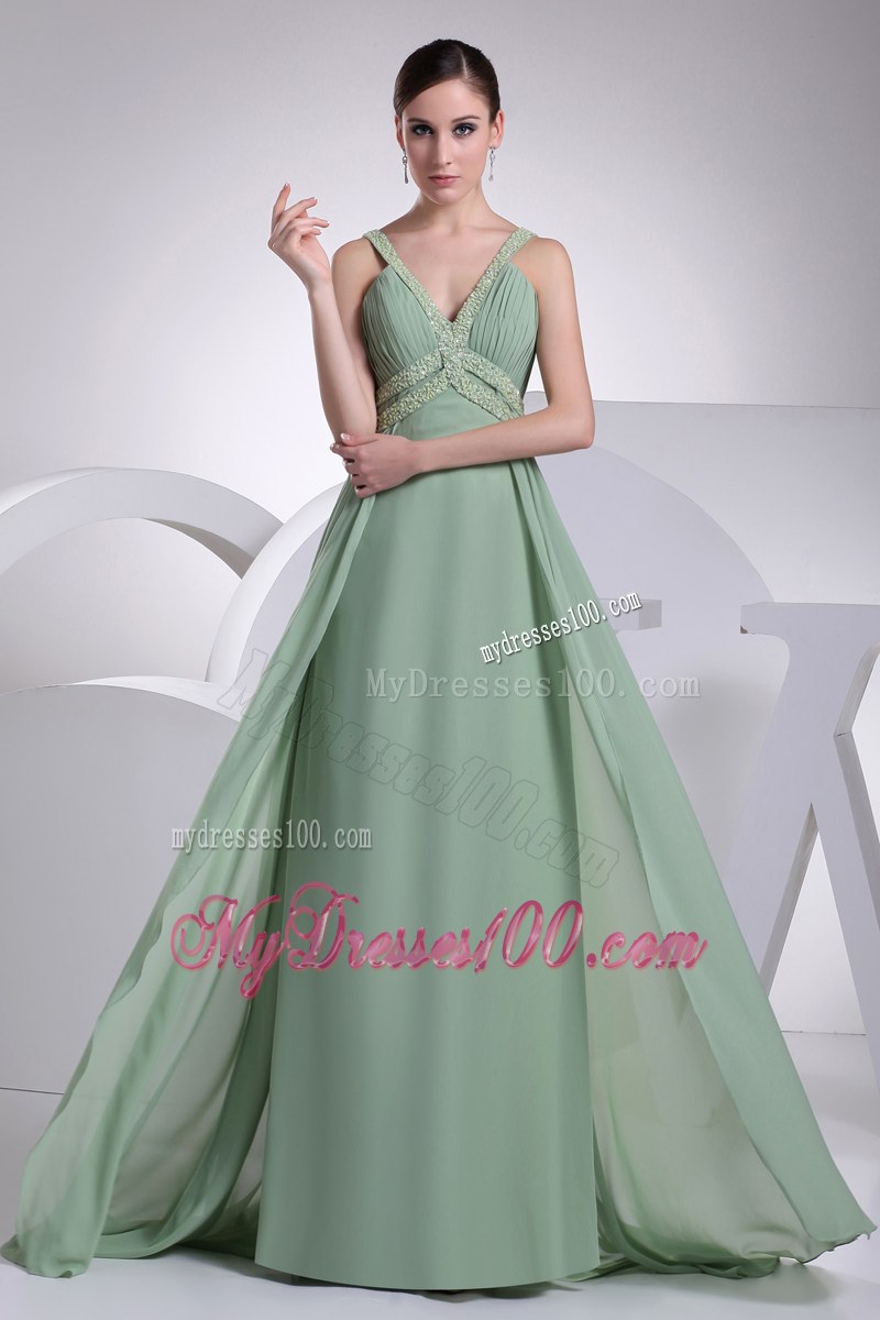 V-neck Apple Green Prom Dress with Brush Train and Beading