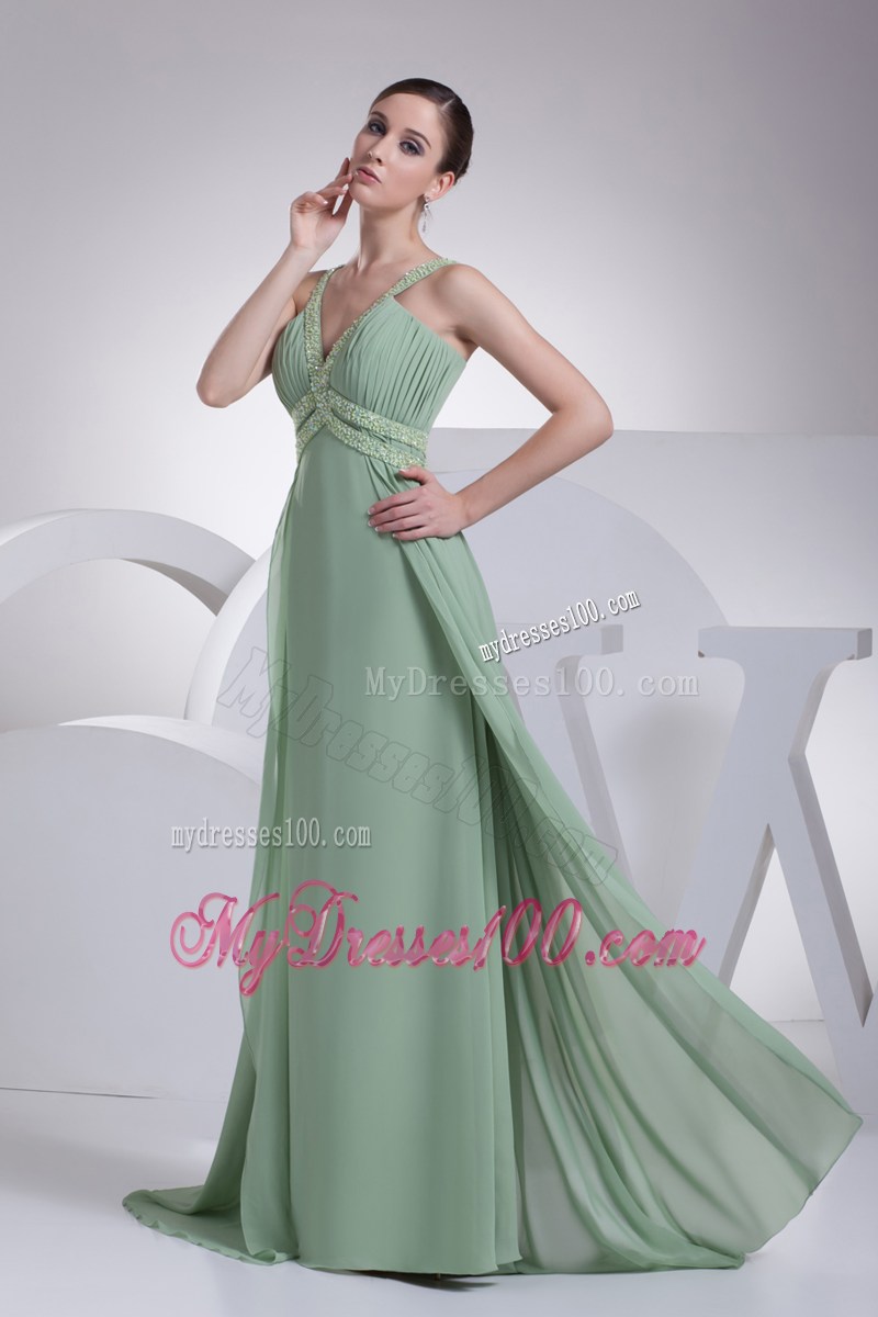 V-neck Apple Green Prom Dress with Brush Train and Beading